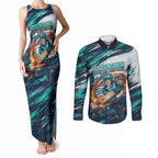 Personalised Brisbane Heat Cricket Fan Pride Couples Matching Tank Maxi Dress and Long Sleeve Button Shirt Dynamic Flaming Cricket Graphic Art With Brisbane Skyline
