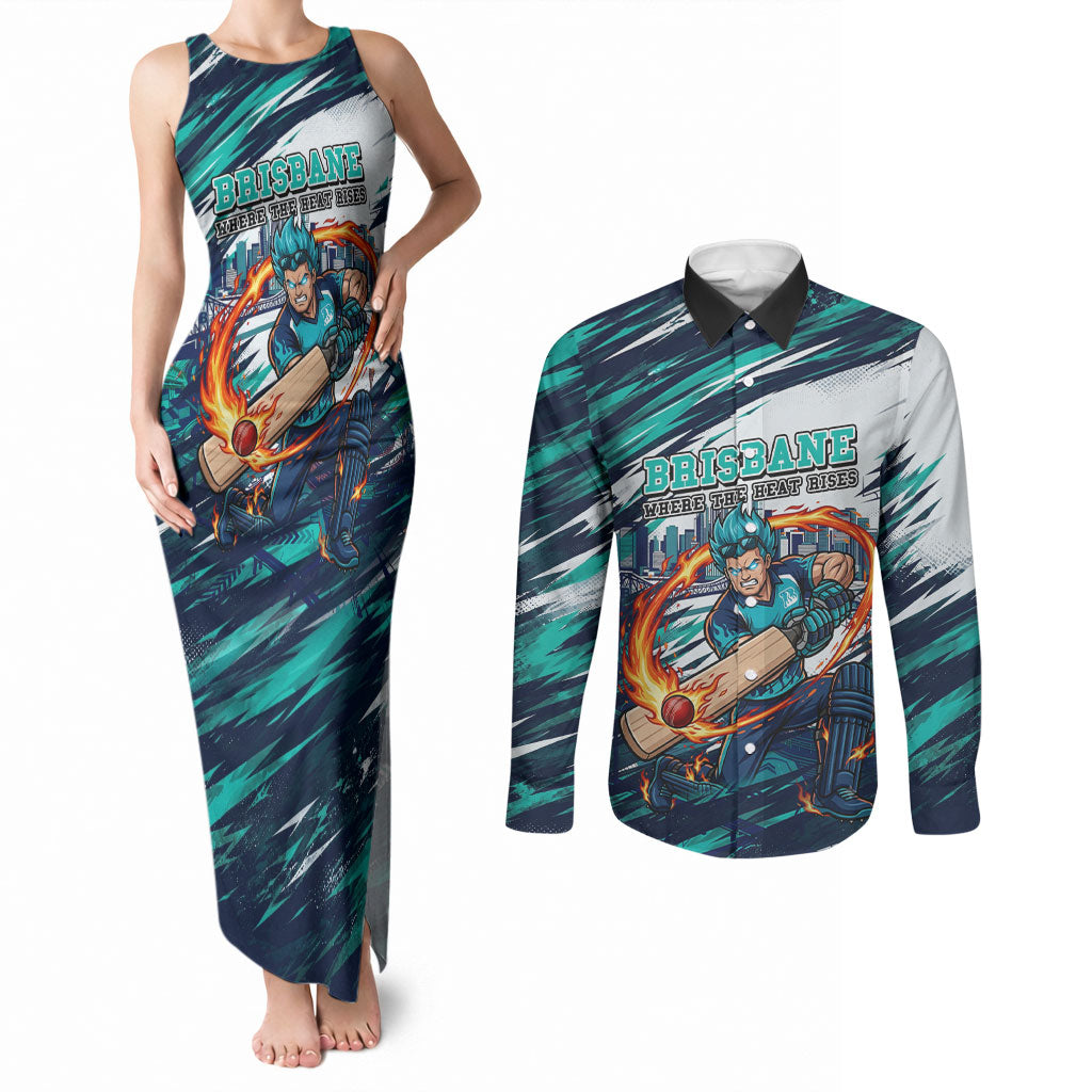 Personalised Brisbane Heat Cricket Fan Pride Couples Matching Tank Maxi Dress and Long Sleeve Button Shirt Dynamic Flaming Cricket Graphic Art With Brisbane Skyline