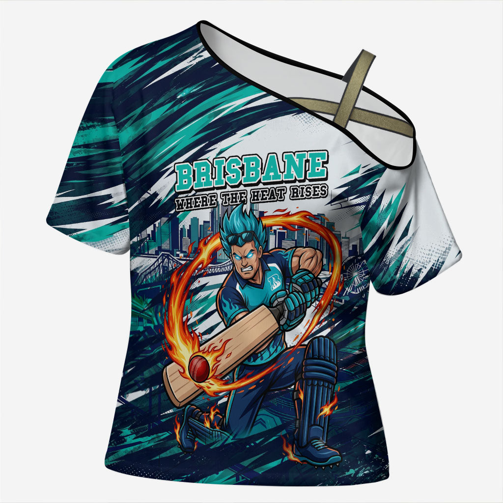 Personalised Brisbane Heat Cricket Fan Pride Cross Shoulder Shirt Dynamic Flaming Cricket Graphic Art With Brisbane Skyline