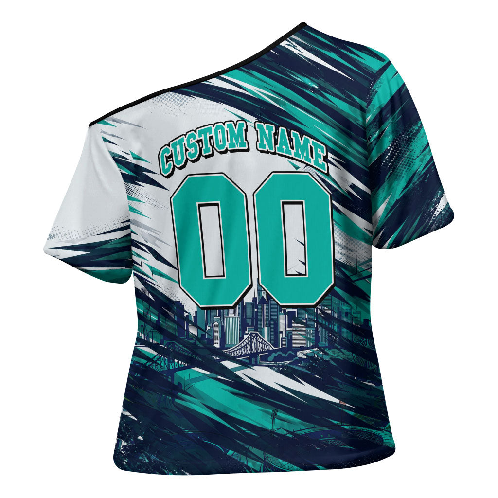 Personalised Brisbane Heat Cricket Fan Pride Cross Shoulder Shirt Dynamic Flaming Cricket Graphic Art With Brisbane Skyline