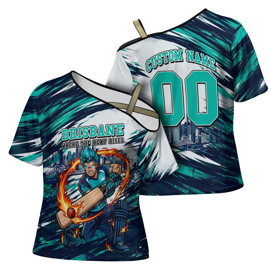 Personalised Brisbane Heat Cricket Fan Pride Cross Shoulder Shirt Dynamic Flaming Cricket Graphic Art With Brisbane Skyline