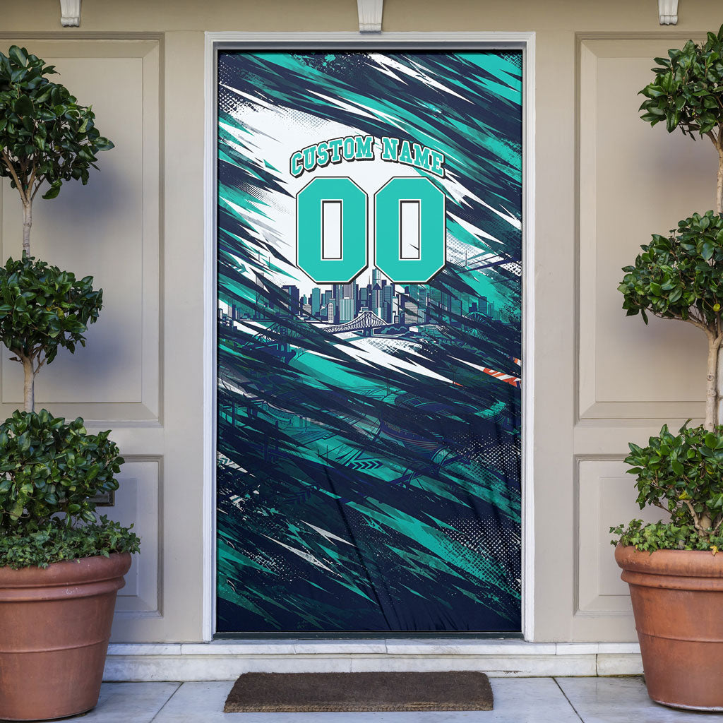 Personalised Brisbane Heat Cricket Fan Pride Door Cover Dynamic Flaming Cricket Graphic Art With Brisbane Skyline