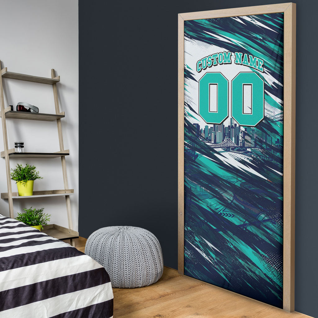 Personalised Brisbane Heat Cricket Fan Pride Door Cover Dynamic Flaming Cricket Graphic Art With Brisbane Skyline