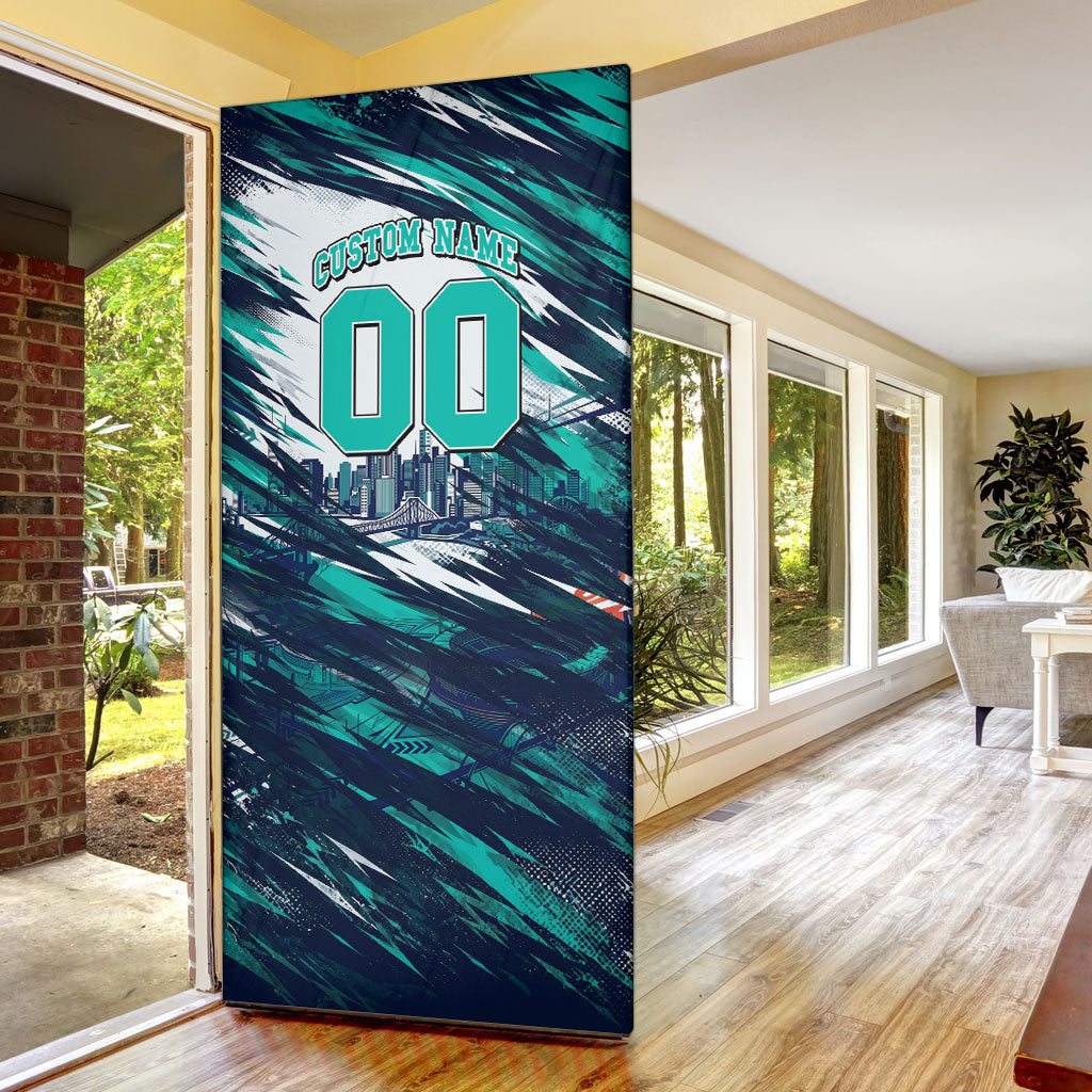Personalised Brisbane Heat Cricket Fan Pride Door Cover Dynamic Flaming Cricket Graphic Art With Brisbane Skyline