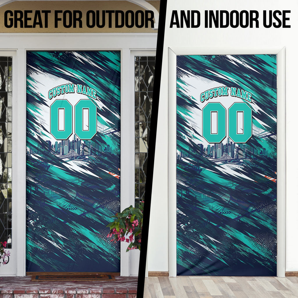 Personalised Brisbane Heat Cricket Fan Pride Door Cover Dynamic Flaming Cricket Graphic Art With Brisbane Skyline
