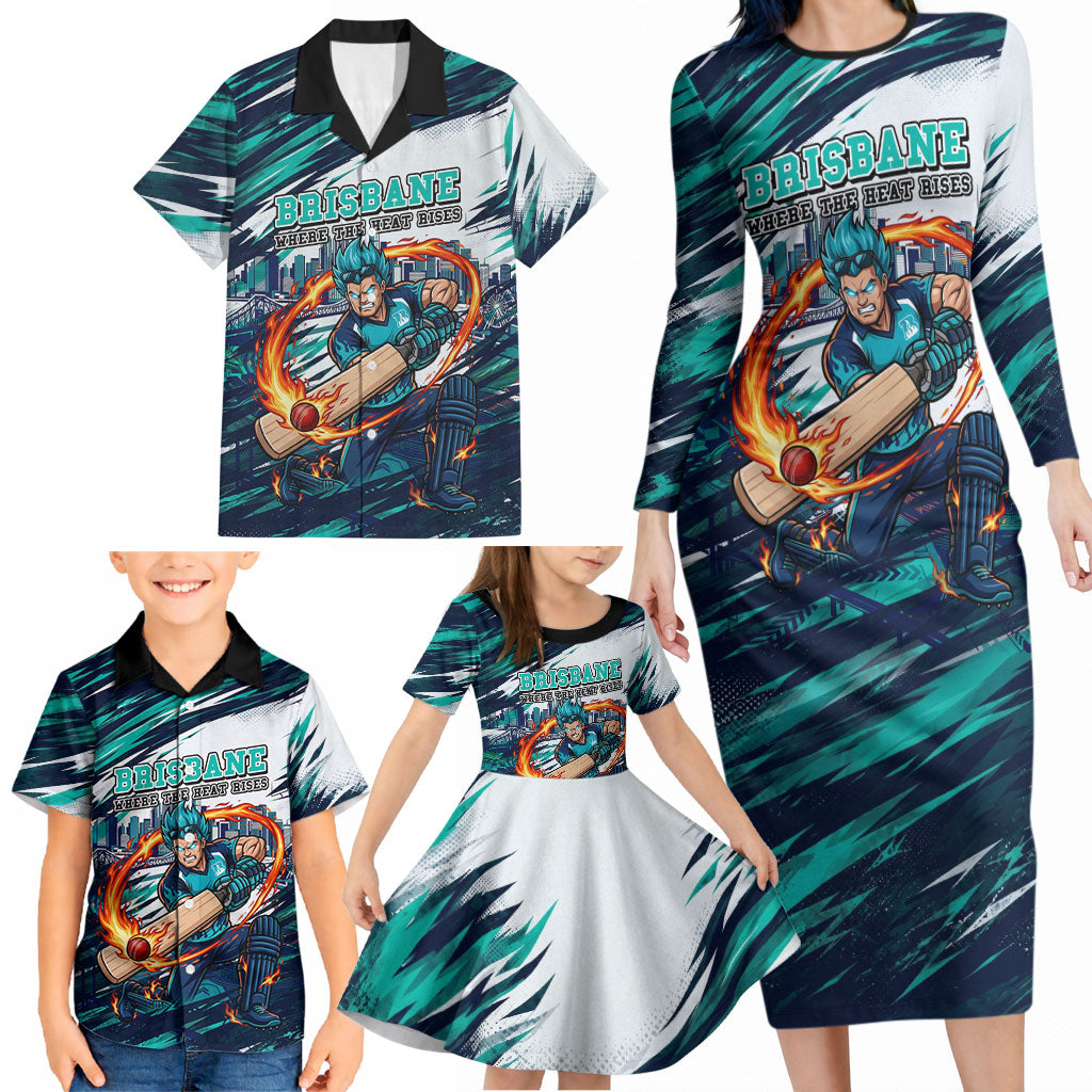 Personalised Brisbane Heat Cricket Fan Pride Family Matching Long Sleeve Bodycon Dress and Hawaiian Shirt Dynamic Flaming Cricket Graphic Art With Brisbane Skyline