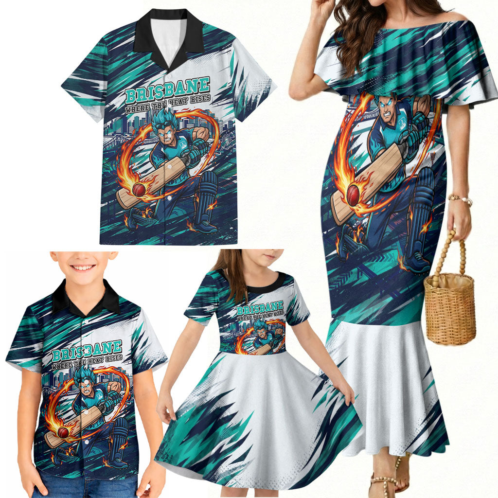 Personalised Brisbane Heat Cricket Fan Pride Family Matching Mermaid Dress and Hawaiian Shirt Dynamic Flaming Cricket Graphic Art With Brisbane Skyline