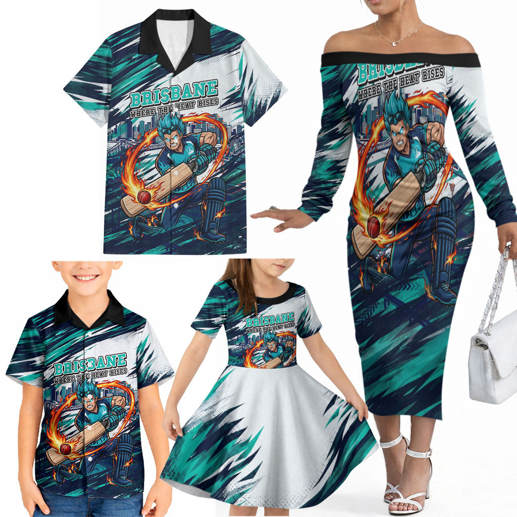 Personalised Brisbane Heat Cricket Fan Pride Family Matching Off The Shoulder Long Sleeve Dress and Hawaiian Shirt Dynamic Flaming Cricket Graphic Art With Brisbane Skyline