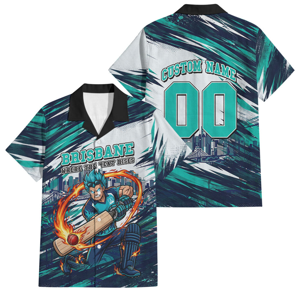 Personalised Brisbane Heat Cricket Fan Pride Family Matching Off The Shoulder Long Sleeve Dress and Hawaiian Shirt Dynamic Flaming Cricket Graphic Art With Brisbane Skyline