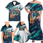 Personalised Brisbane Heat Cricket Fan Pride Family Matching Off Shoulder Maxi Dress and Hawaiian Shirt Dynamic Flaming Cricket Graphic Art With Brisbane Skyline