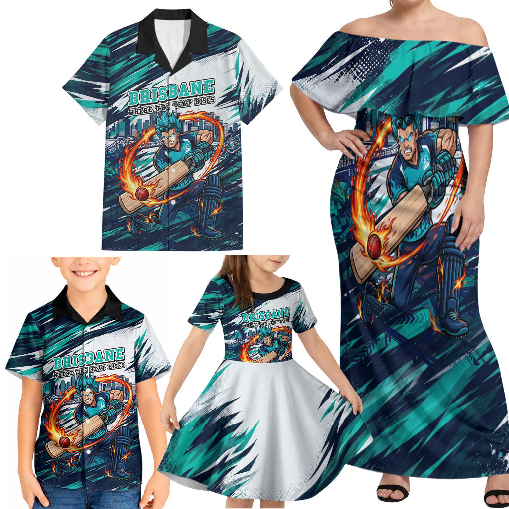 Personalised Brisbane Heat Cricket Fan Pride Family Matching Off Shoulder Maxi Dress and Hawaiian Shirt Dynamic Flaming Cricket Graphic Art With Brisbane Skyline