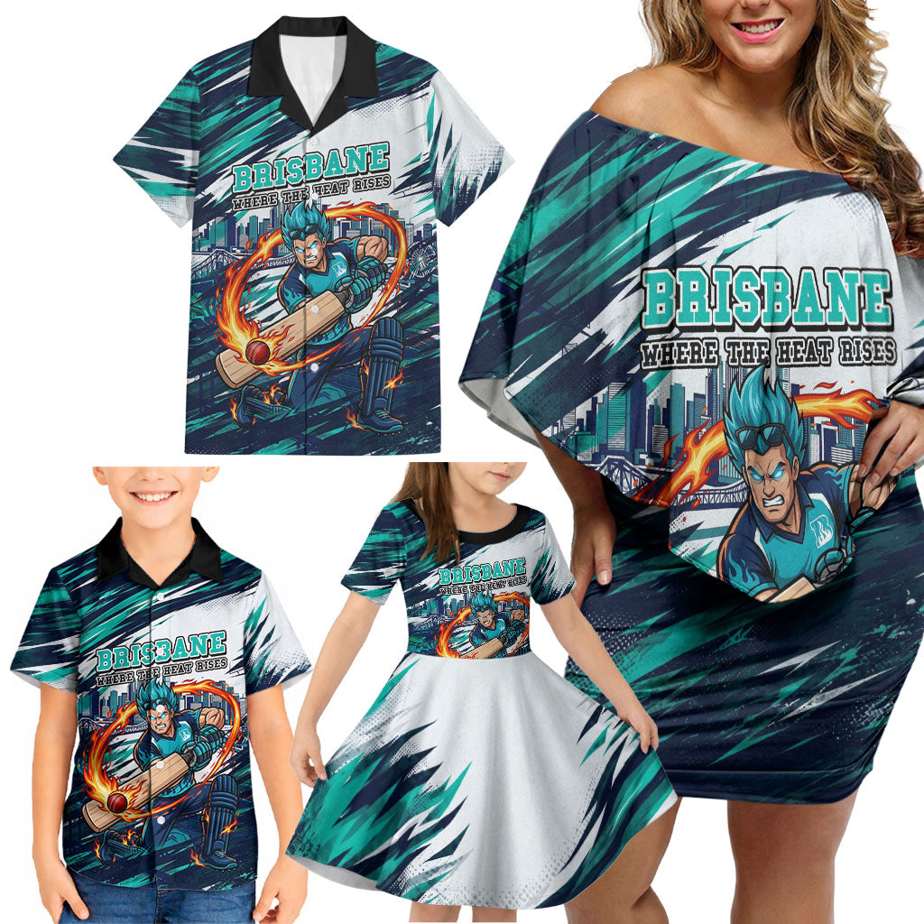 Personalised Brisbane Heat Cricket Fan Pride Family Matching Off Shoulder Short Dress and Hawaiian Shirt Dynamic Flaming Cricket Graphic Art With Brisbane Skyline