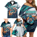 Personalised Brisbane Heat Cricket Fan Pride Family Matching Off Shoulder Short Dress and Hawaiian Shirt Dynamic Flaming Cricket Graphic Art With Brisbane Skyline