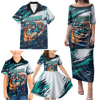 Personalised Brisbane Heat Cricket Fan Pride Family Matching Puletasi and Hawaiian Shirt Dynamic Flaming Cricket Graphic Art With Brisbane Skyline