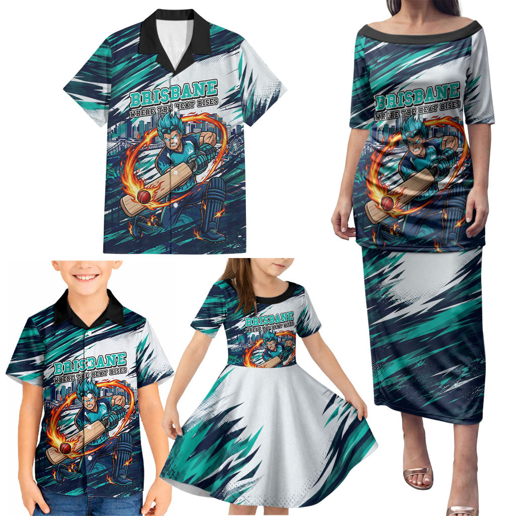 Personalised Brisbane Heat Cricket Fan Pride Family Matching Puletasi and Hawaiian Shirt Dynamic Flaming Cricket Graphic Art With Brisbane Skyline