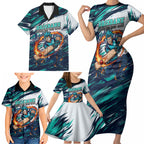 Personalised Brisbane Heat Cricket Fan Pride Family Matching Short Sleeve Bodycon Dress and Hawaiian Shirt Dynamic Flaming Cricket Graphic Art With Brisbane Skyline