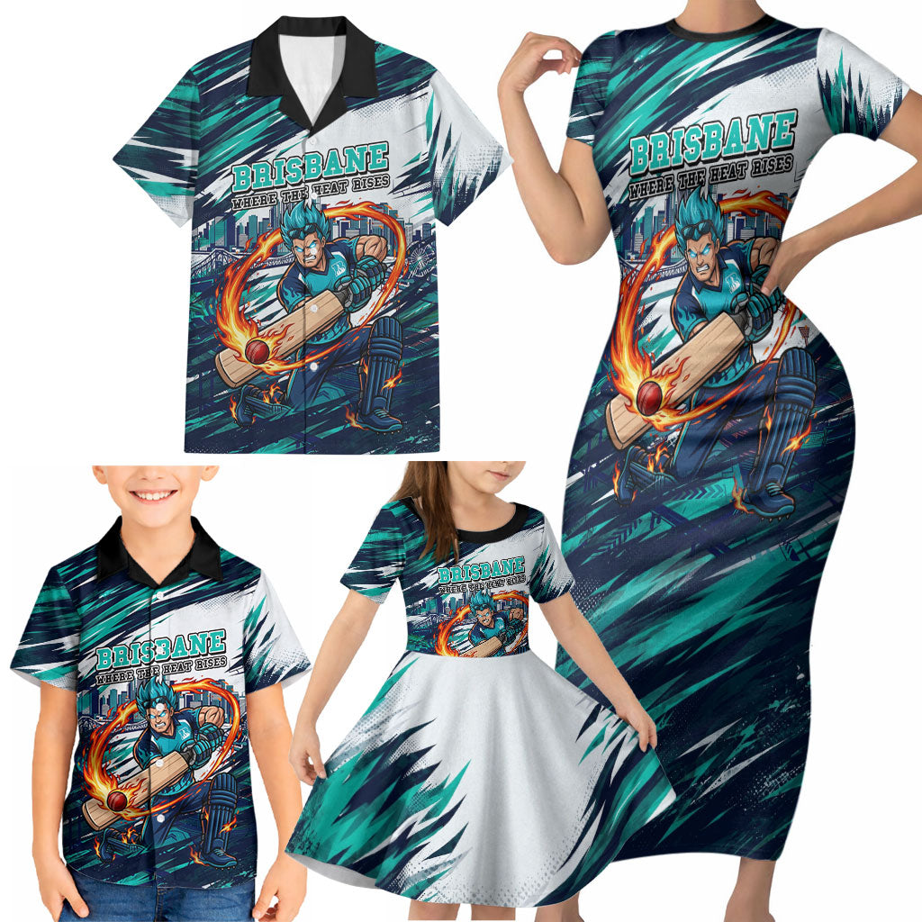 Personalised Brisbane Heat Cricket Fan Pride Family Matching Short Sleeve Bodycon Dress and Hawaiian Shirt Dynamic Flaming Cricket Graphic Art With Brisbane Skyline
