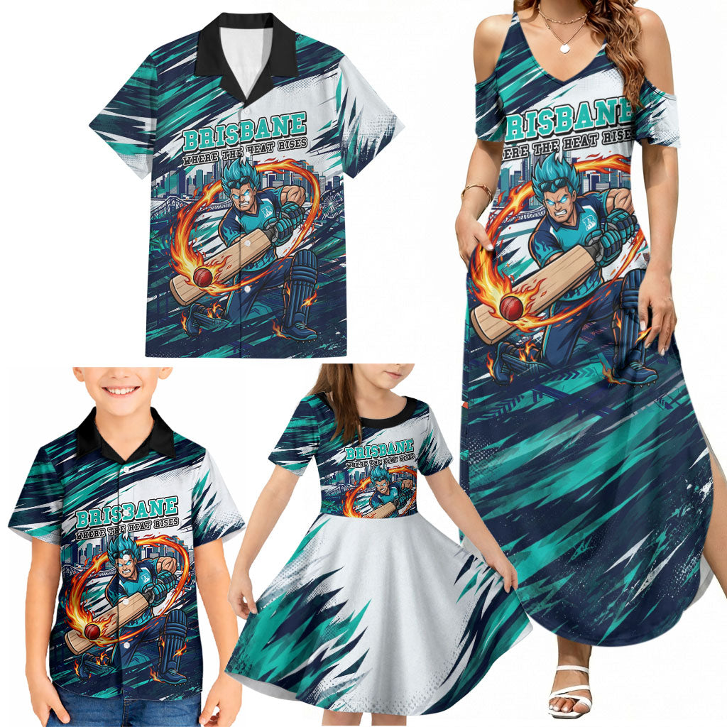 Personalised Brisbane Heat Cricket Fan Pride Family Matching Summer Maxi Dress and Hawaiian Shirt Dynamic Flaming Cricket Graphic Art With Brisbane Skyline