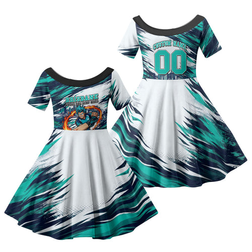 Personalised Brisbane Heat Cricket Fan Pride Family Matching Summer Maxi Dress and Hawaiian Shirt Dynamic Flaming Cricket Graphic Art With Brisbane Skyline