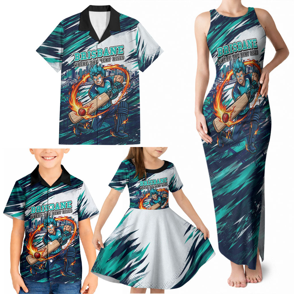 Personalised Brisbane Heat Cricket Fan Pride Family Matching Tank Maxi Dress and Hawaiian Shirt Dynamic Flaming Cricket Graphic Art With Brisbane Skyline