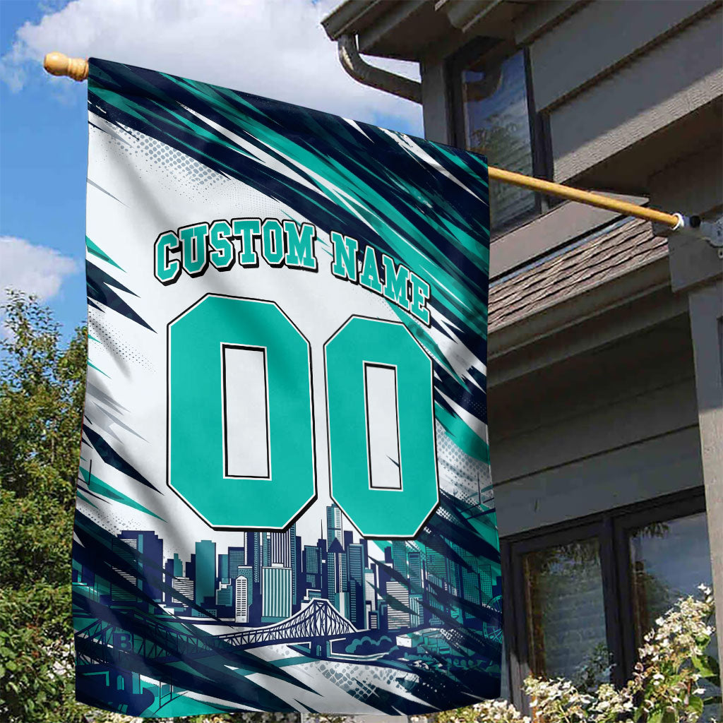 Personalised Brisbane Heat Cricket Fan Pride Garden Flag Dynamic Flaming Cricket Graphic Art With Brisbane Skyline