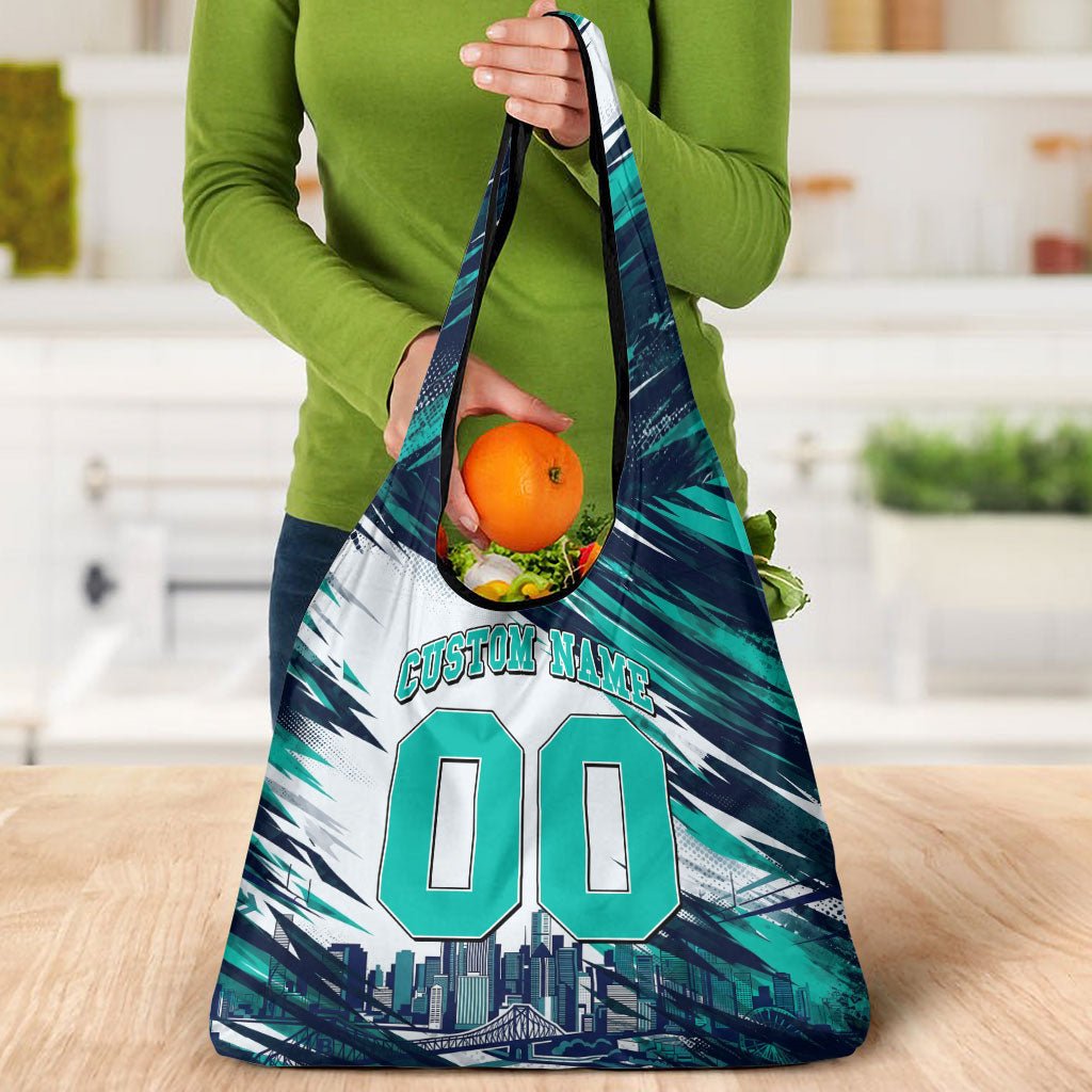 Personalised Brisbane Heat Cricket Fan Pride Grocery Bag Dynamic Flaming Cricket Graphic Art With Brisbane Skyline