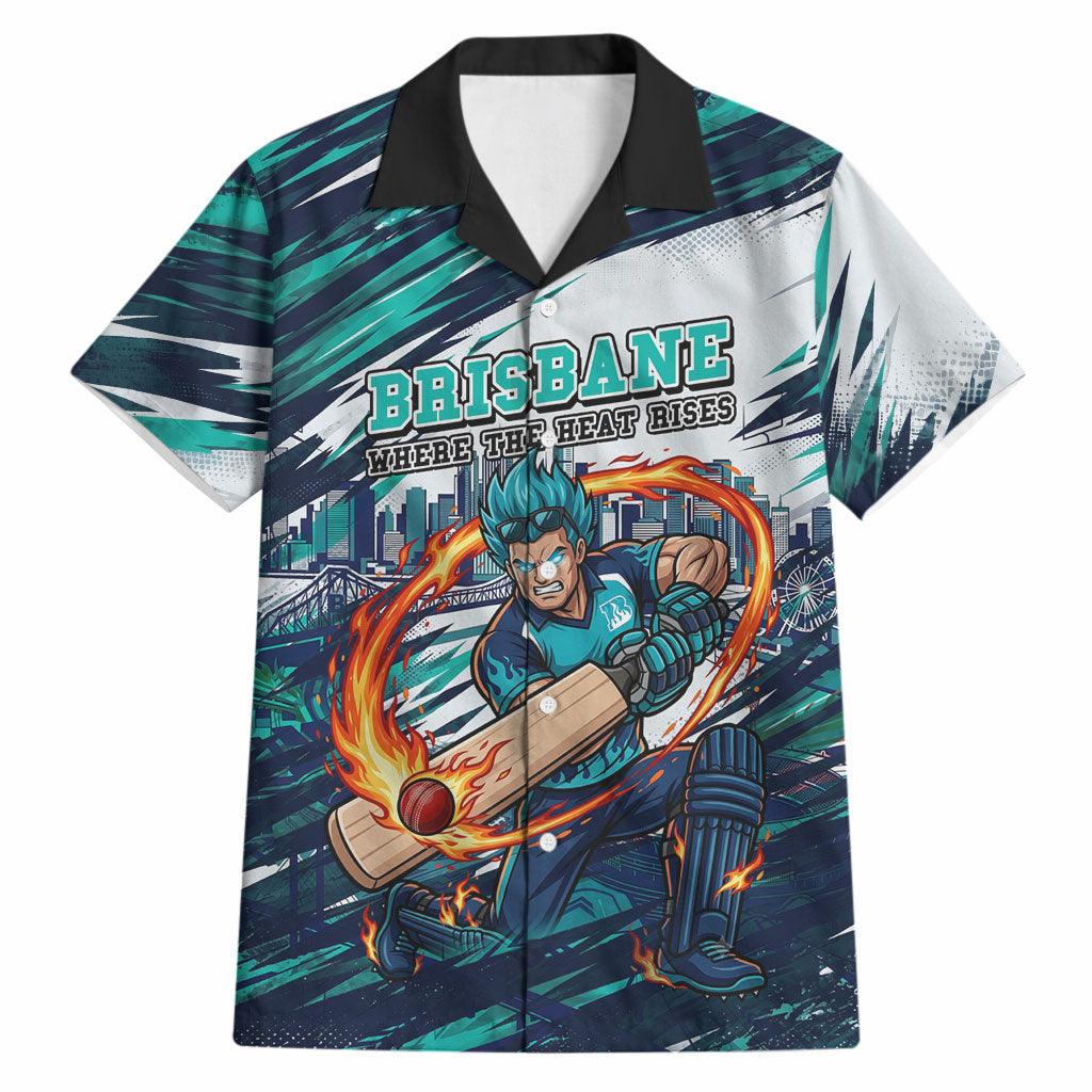 Personalised Brisbane Heat Cricket Fan Pride Hawaiian Shirt Dynamic Flaming Cricket Graphic Art With Brisbane Skyline