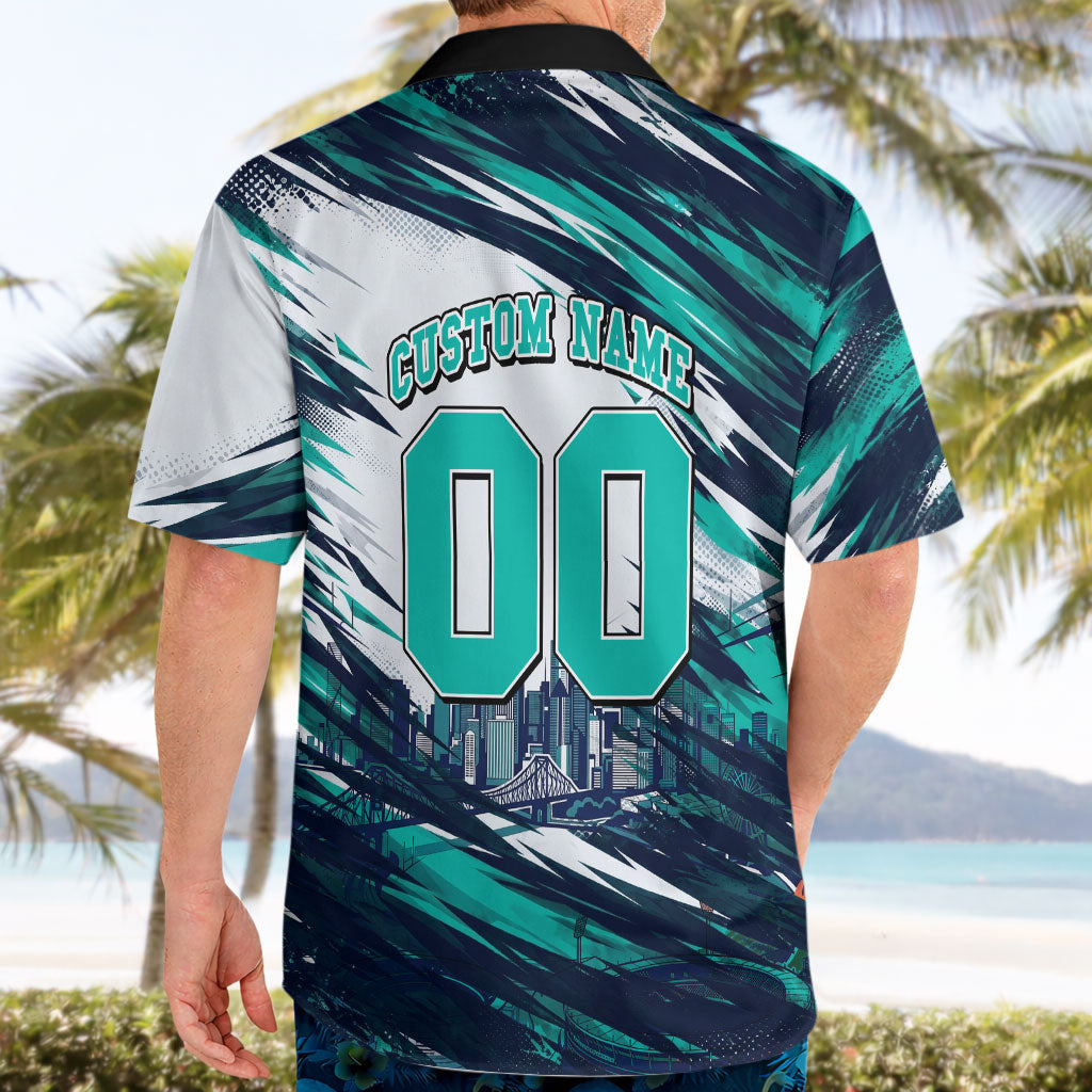 Personalised Brisbane Heat Cricket Fan Pride Hawaiian Shirt Dynamic Flaming Cricket Graphic Art With Brisbane Skyline