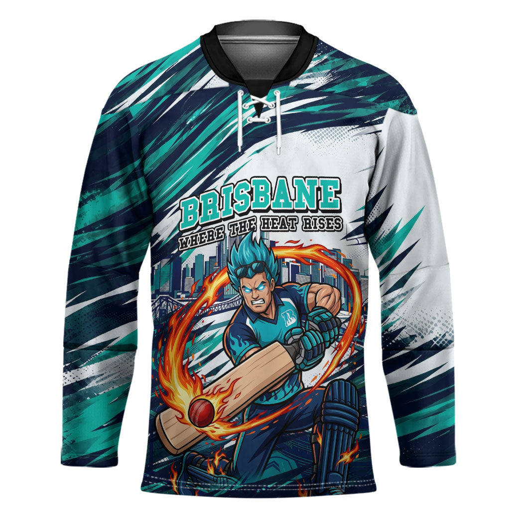 Personalised Brisbane Heat Cricket Fan Pride Hockey Jersey Dynamic Flaming Cricket Graphic Art With Brisbane Skyline