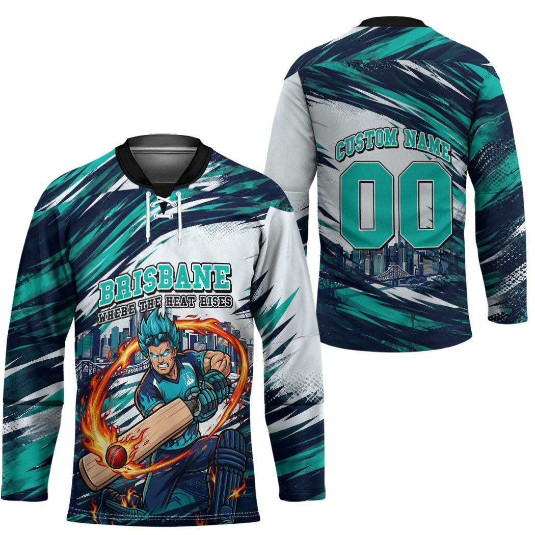 Personalised Brisbane Heat Cricket Fan Pride Hockey Jersey Dynamic Flaming Cricket Graphic Art With Brisbane Skyline