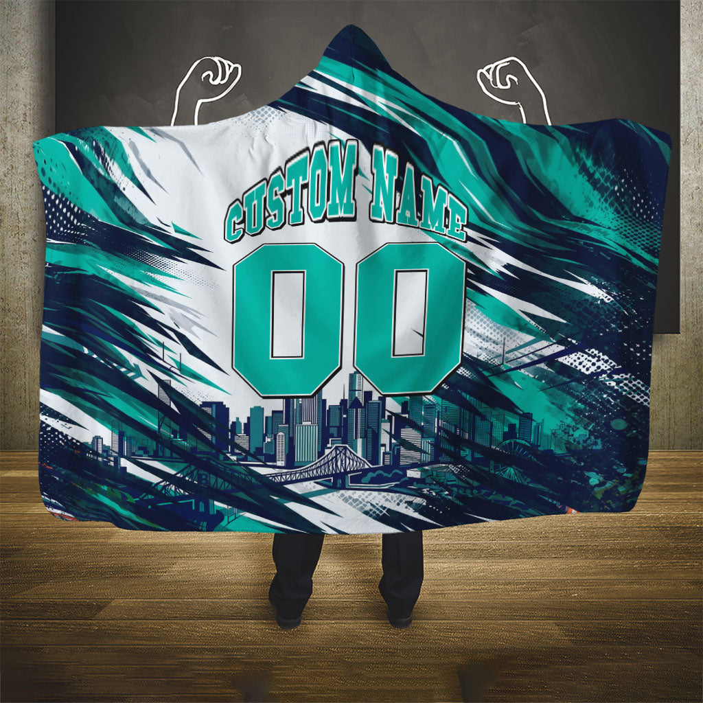 Personalised Brisbane Heat Cricket Fan Pride Hooded Blanket Dynamic Flaming Cricket Graphic Art With Brisbane Skyline