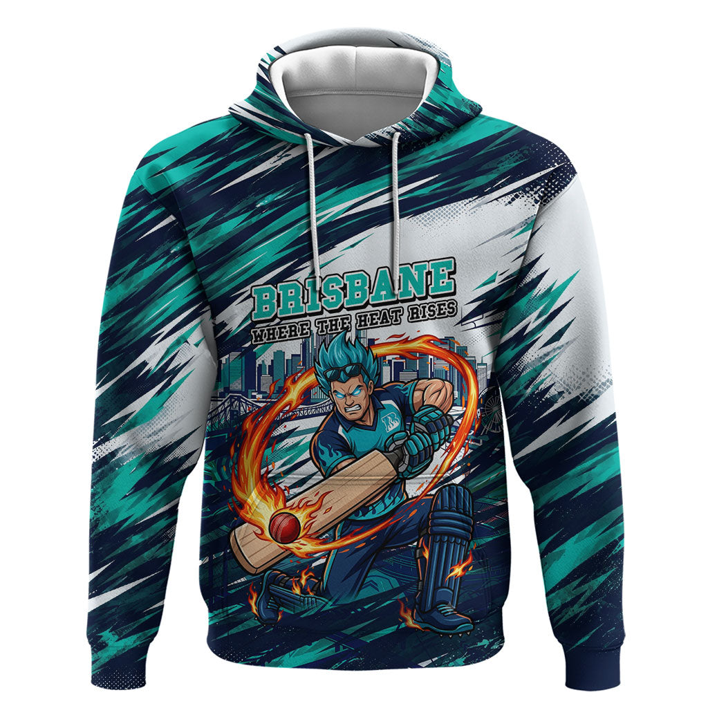 Personalised Brisbane Heat Cricket Fan Pride Hoodie Dynamic Flaming Cricket Graphic Art With Brisbane Skyline