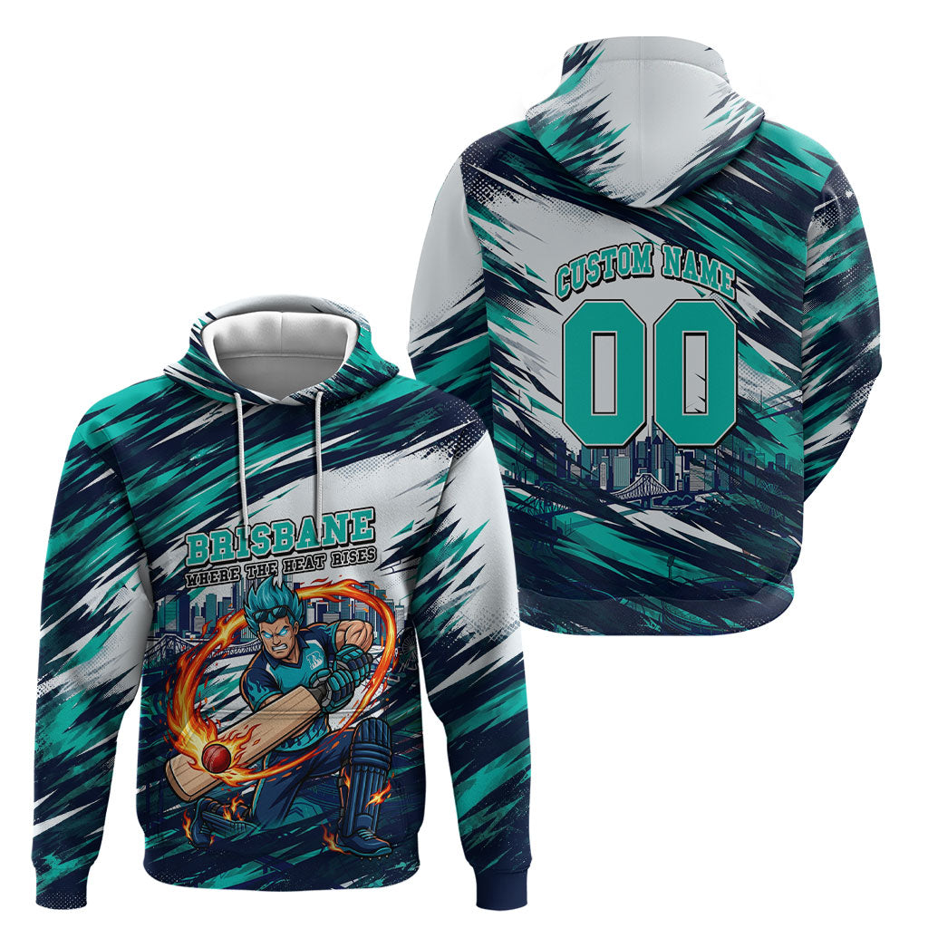 Personalised Brisbane Heat Cricket Fan Pride Hoodie Dynamic Flaming Cricket Graphic Art With Brisbane Skyline