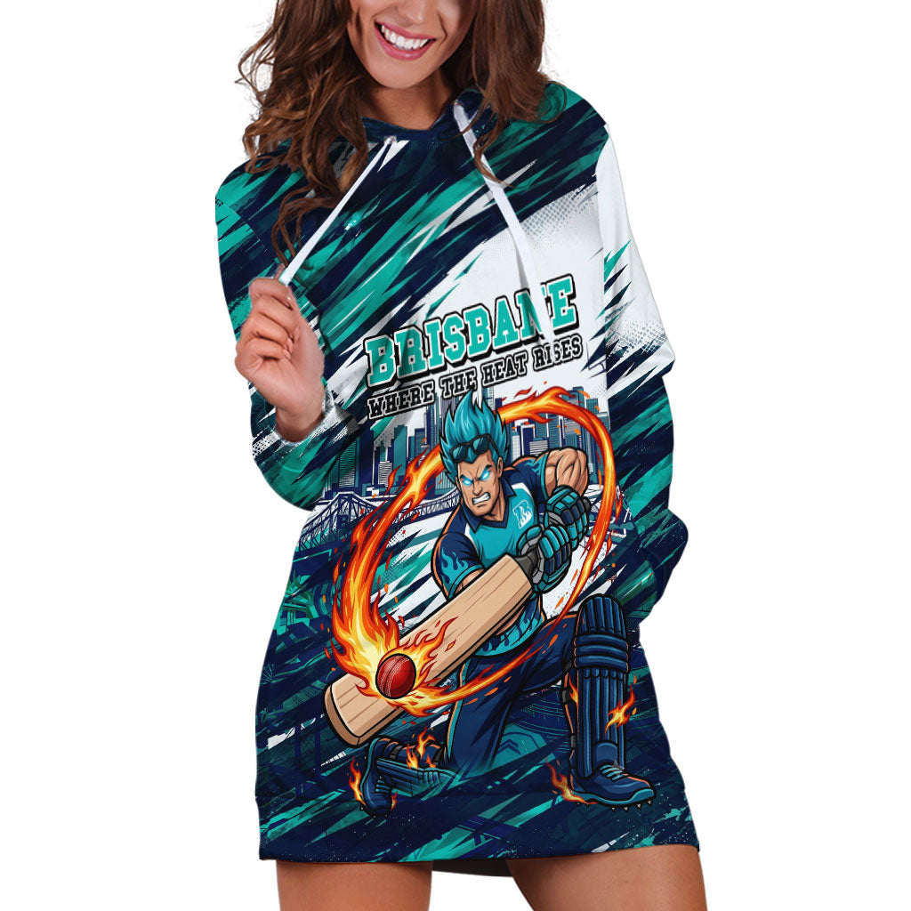 Personalised Brisbane Heat Cricket Fan Pride Hoodie Dress Dynamic Flaming Cricket Graphic Art With Brisbane Skyline