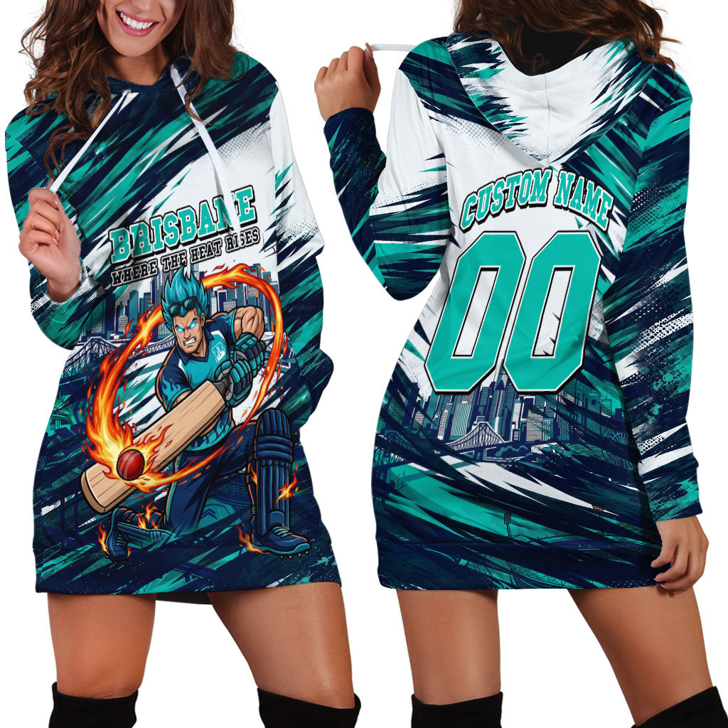 Personalised Brisbane Heat Cricket Fan Pride Hoodie Dress Dynamic Flaming Cricket Graphic Art With Brisbane Skyline