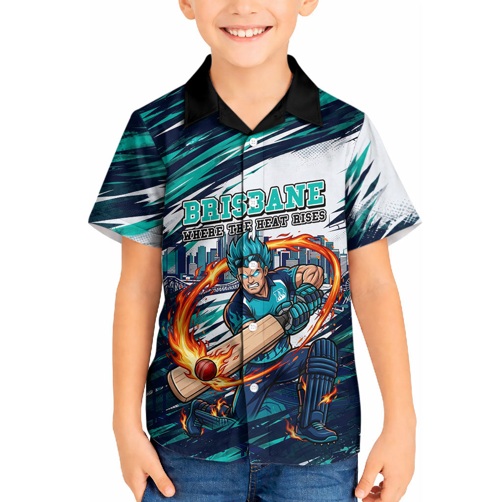 Personalised Brisbane Heat Cricket Fan Pride Kid Hawaiian Shirt Dynamic Flaming Cricket Graphic Art With Brisbane Skyline