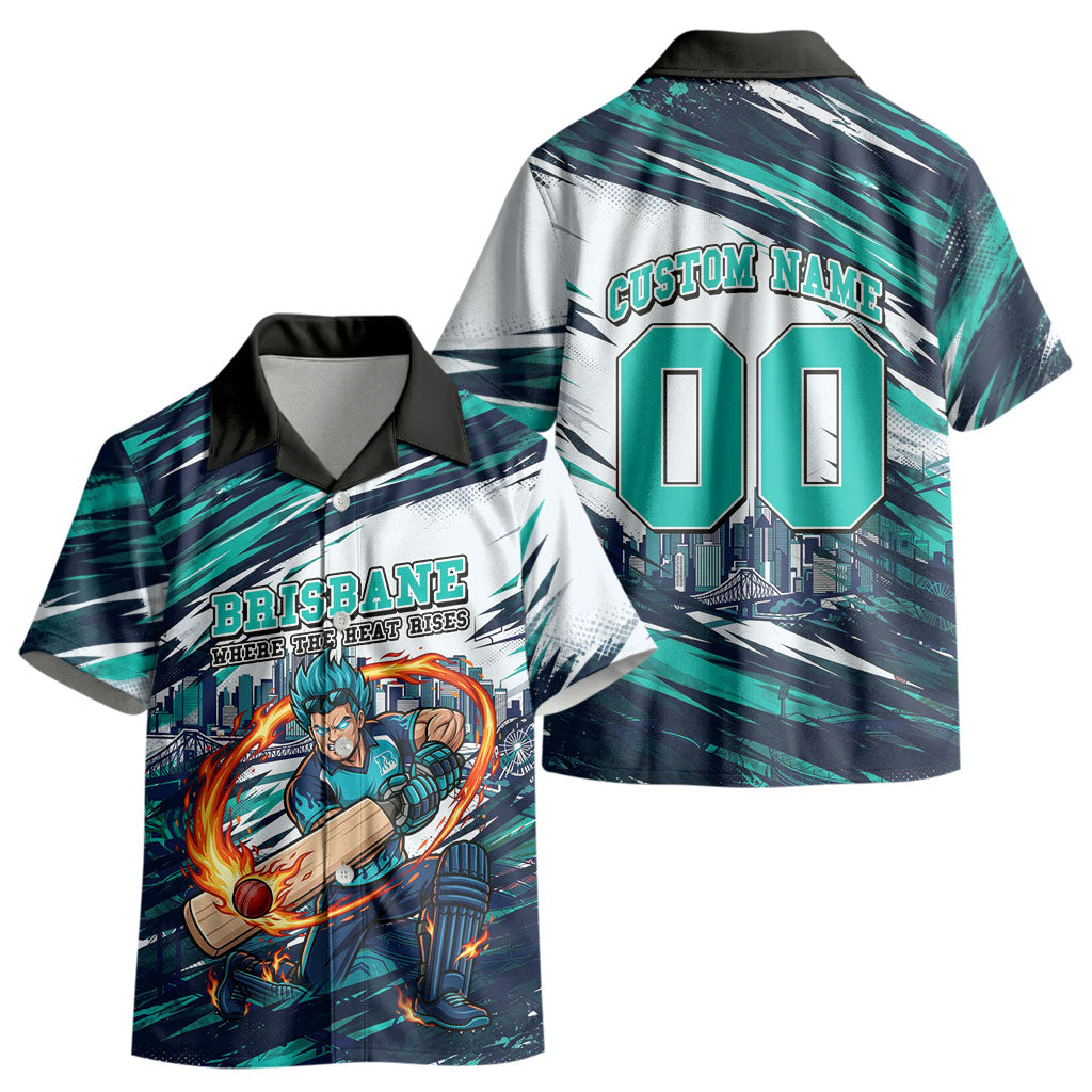Personalised Brisbane Heat Cricket Fan Pride Kid Hawaiian Shirt Dynamic Flaming Cricket Graphic Art With Brisbane Skyline