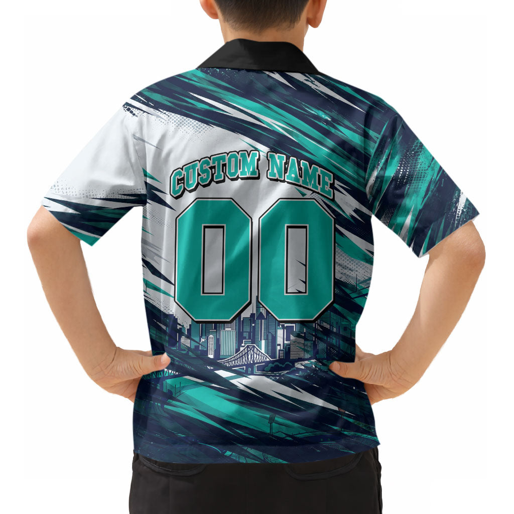 Personalised Brisbane Heat Cricket Fan Pride Kid Hawaiian Shirt Dynamic Flaming Cricket Graphic Art With Brisbane Skyline