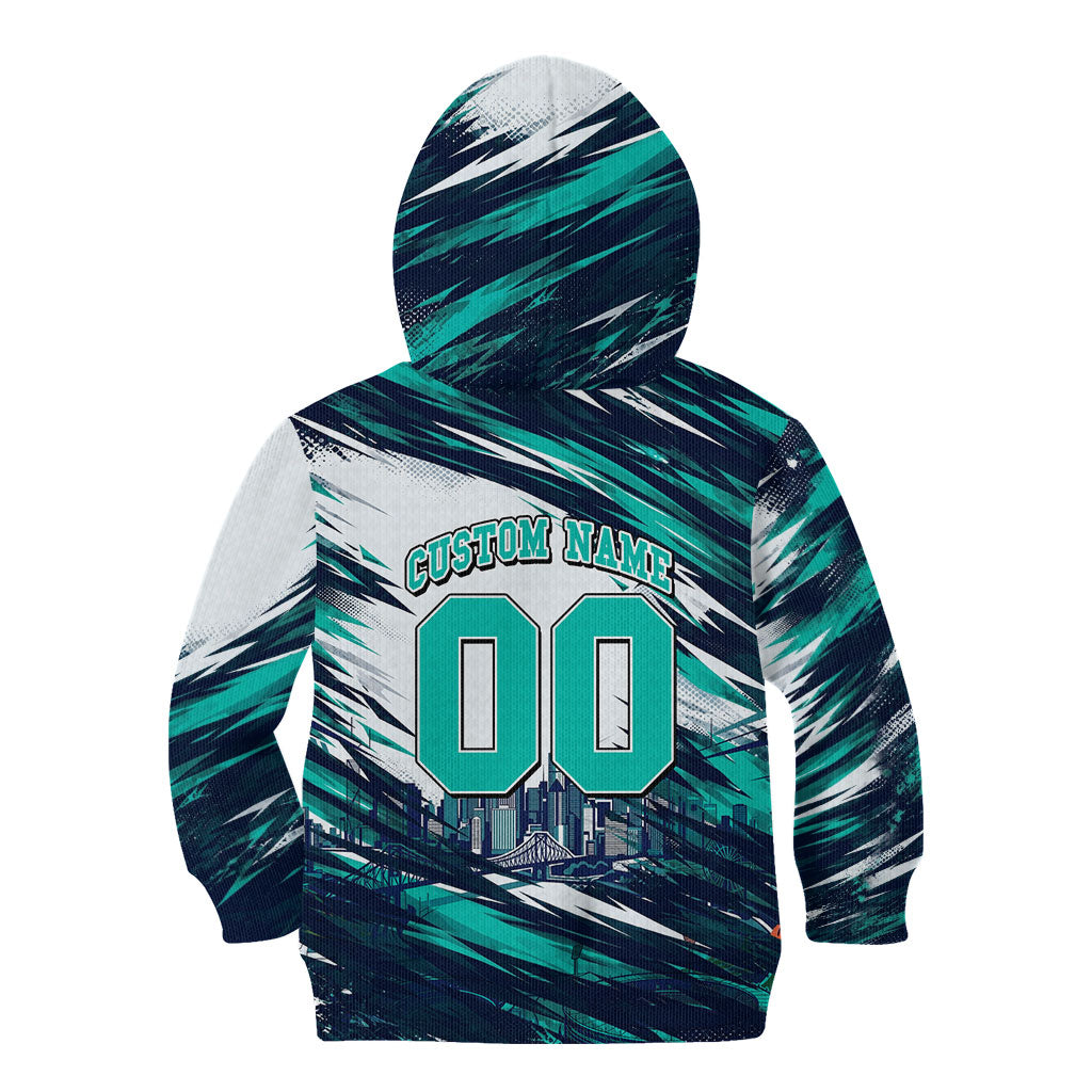 Personalised Brisbane Heat Cricket Fan Pride Kid Hoodie Dynamic Flaming Cricket Graphic Art With Brisbane Skyline
