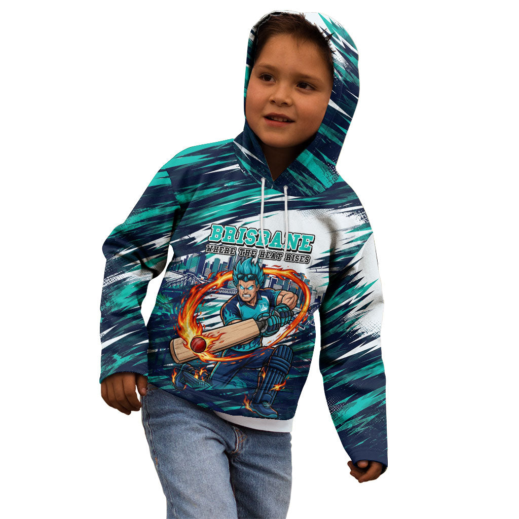 Personalised Brisbane Heat Cricket Fan Pride Kid Hoodie Dynamic Flaming Cricket Graphic Art With Brisbane Skyline