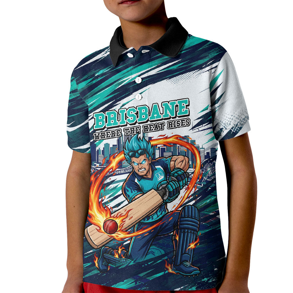 Personalised Brisbane Heat Cricket Fan Pride Kid Polo Shirt Dynamic Flaming Cricket Graphic Art With Brisbane Skyline