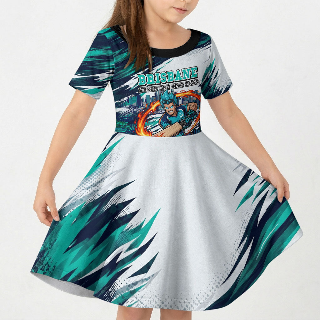Personalised Brisbane Heat Cricket Fan Pride Kid Short Sleeve Dress Dynamic Flaming Cricket Graphic Art With Brisbane Skyline