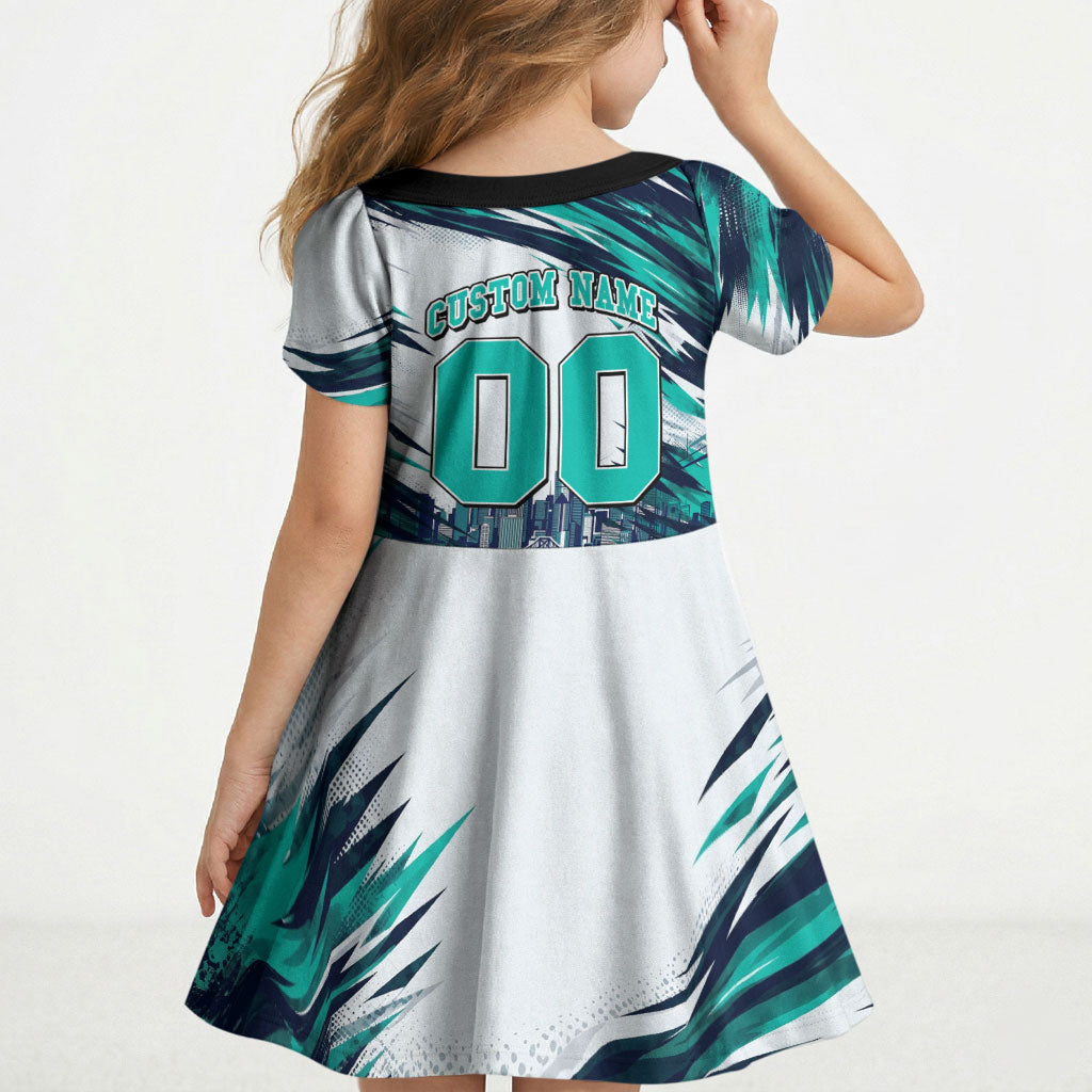 Personalised Brisbane Heat Cricket Fan Pride Kid Short Sleeve Dress Dynamic Flaming Cricket Graphic Art With Brisbane Skyline