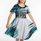 Personalised Brisbane Heat Cricket Fan Pride Kid Short Sleeve Dress Dynamic Flaming Cricket Graphic Art With Brisbane Skyline