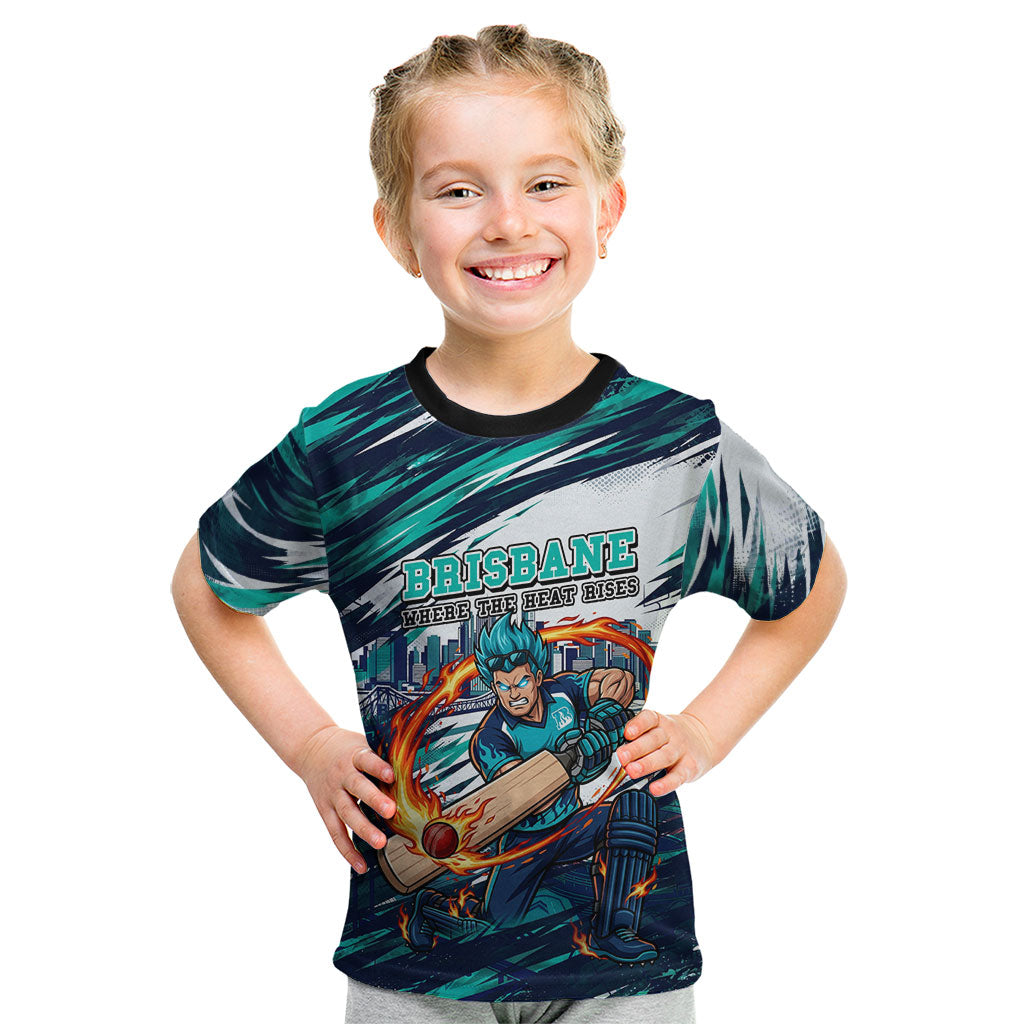 Personalised Brisbane Heat Cricket Fan Pride Kid T Shirt Dynamic Flaming Cricket Graphic Art With Brisbane Skyline