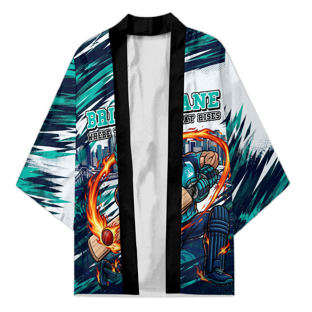 Personalised Brisbane Heat Cricket Fan Pride Kimono Dynamic Flaming Cricket Graphic Art With Brisbane Skyline