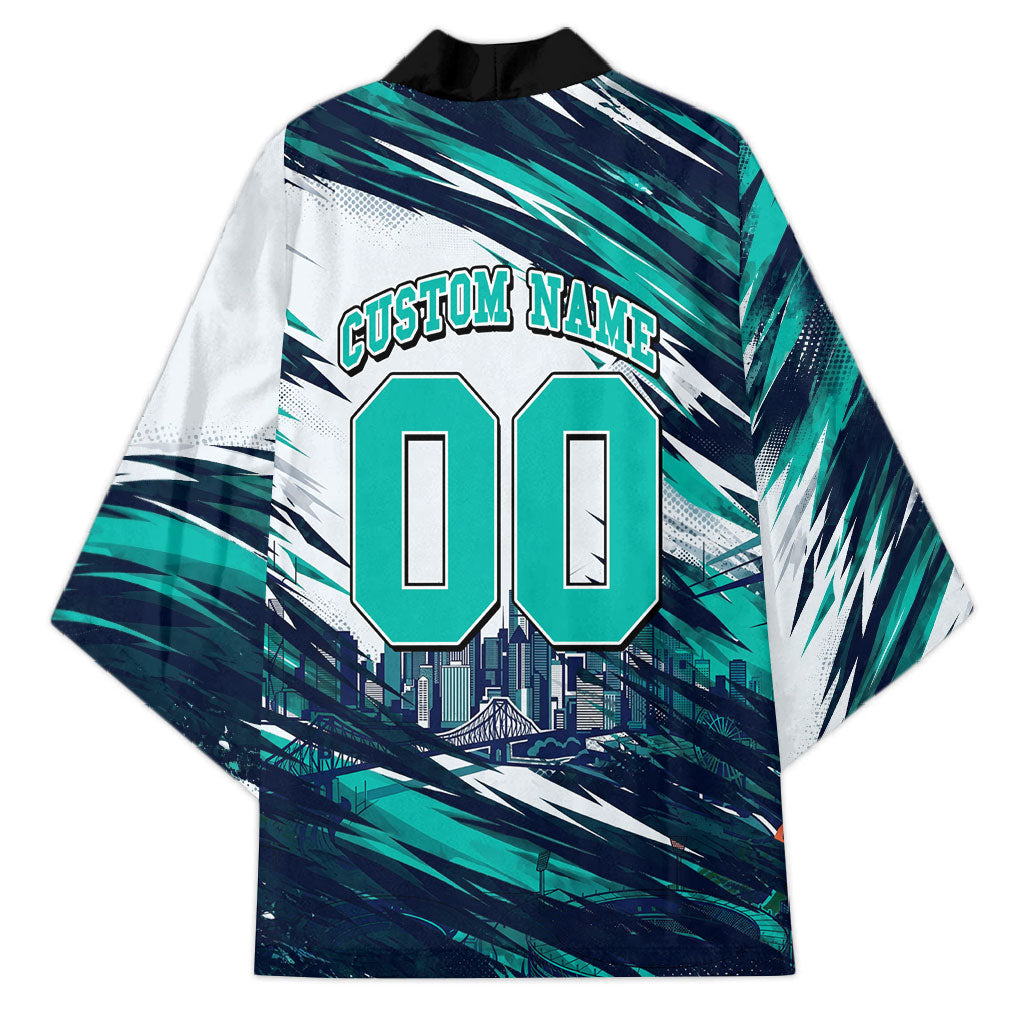 Personalised Brisbane Heat Cricket Fan Pride Kimono Dynamic Flaming Cricket Graphic Art With Brisbane Skyline