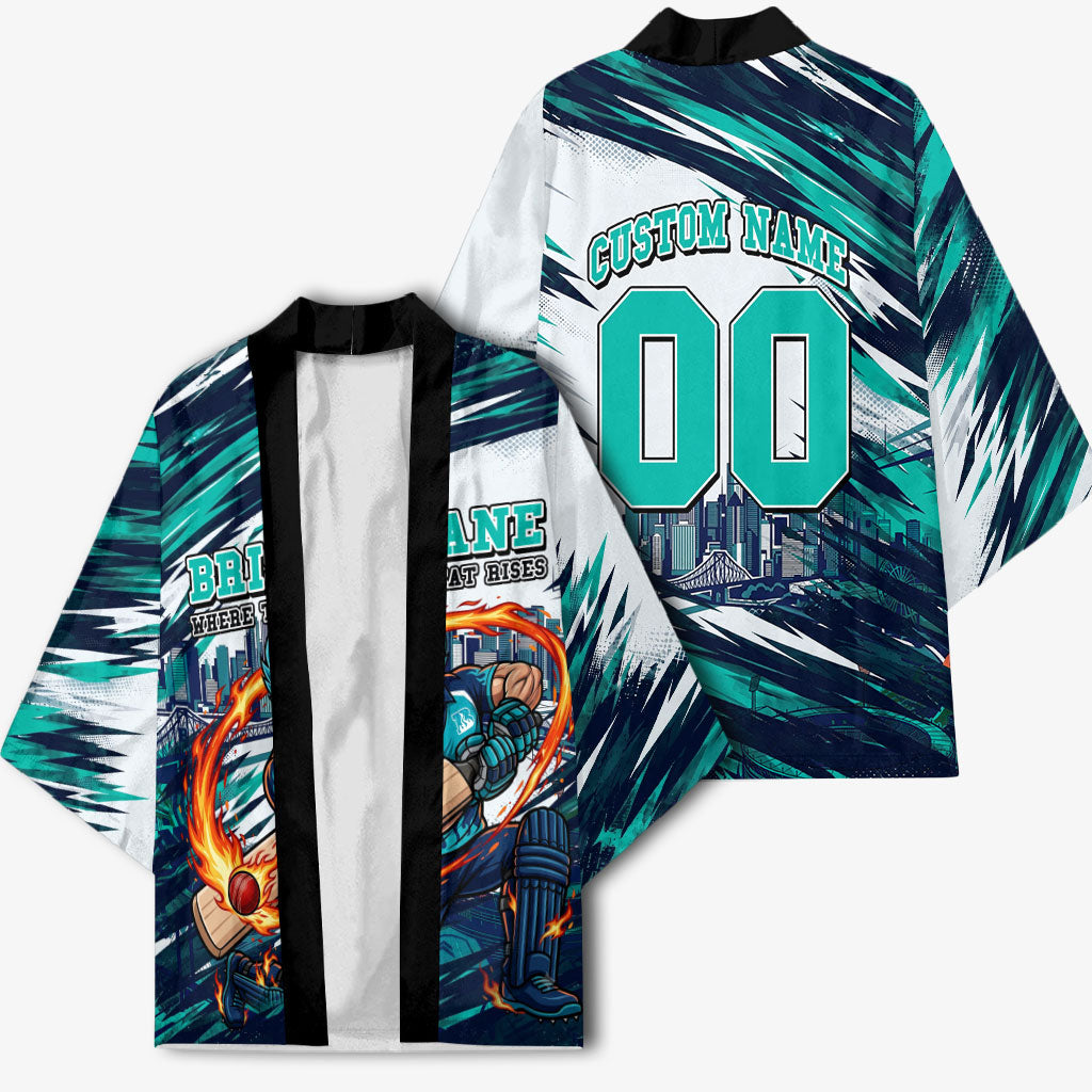 Personalised Brisbane Heat Cricket Fan Pride Kimono Dynamic Flaming Cricket Graphic Art With Brisbane Skyline