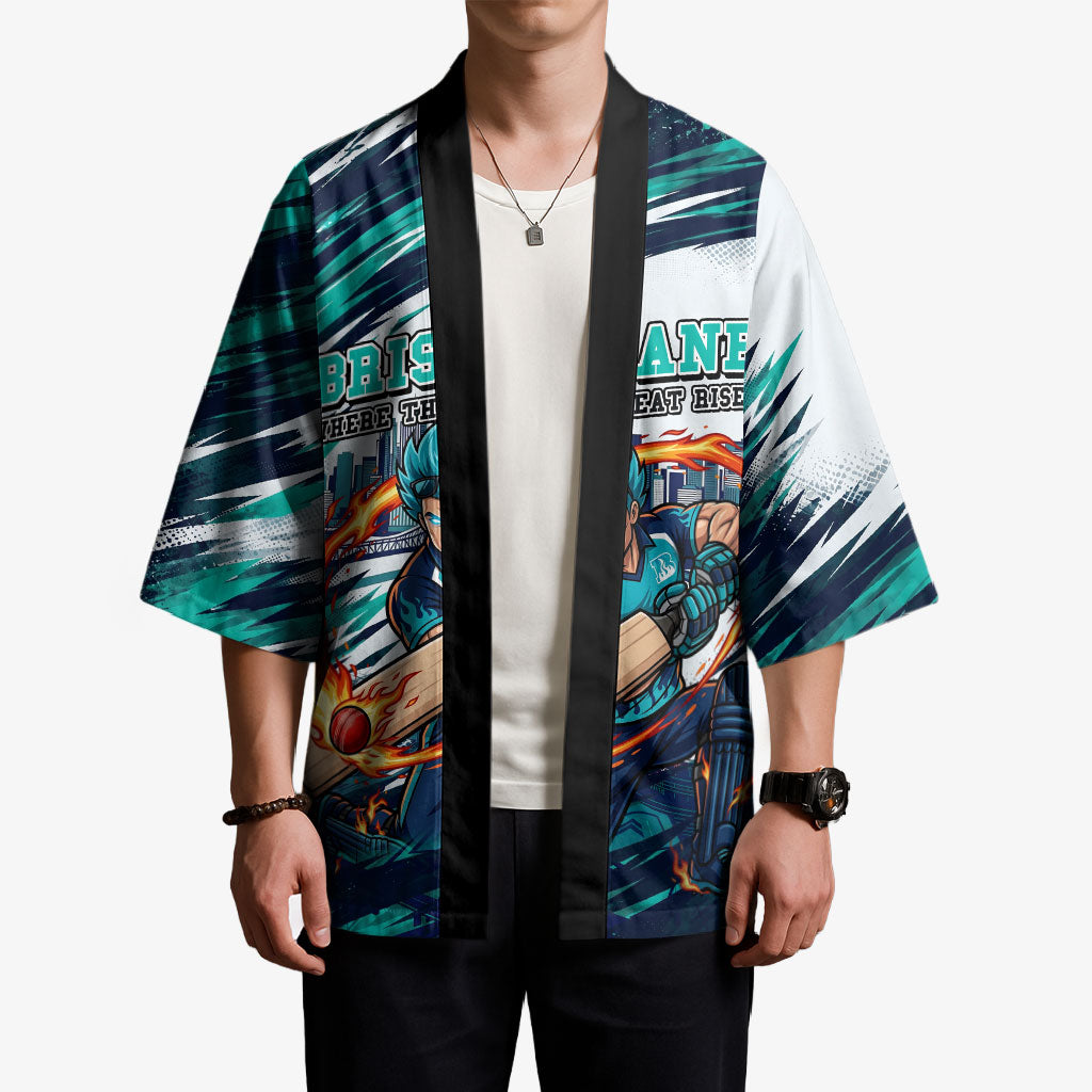 Personalised Brisbane Heat Cricket Fan Pride Kimono Dynamic Flaming Cricket Graphic Art With Brisbane Skyline