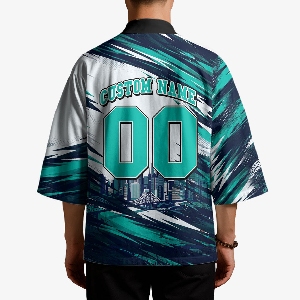 Personalised Brisbane Heat Cricket Fan Pride Kimono Dynamic Flaming Cricket Graphic Art With Brisbane Skyline